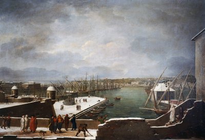 View of the port of Genoa in the snow by Giuseppe Bacigalupo