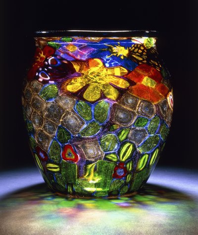 A Murrhine glass vase, with four butterflies, flowers and leaves, c.1918 by Giuseppe Barovier