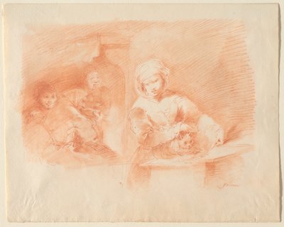 Domestic Scene with Peasants and a Cat by Giuseppe Bernardino Bison