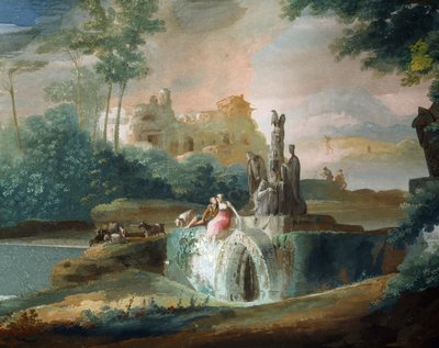 Galant scene of shepherds in an imaginary landscape by Giuseppe Bernardino Bison
