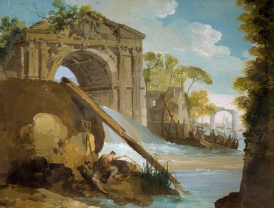 Imaginary view: River with fishermen and ruins by Giuseppe Bernardino Bison