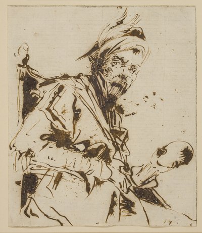 Male Half-Length Sitting in a Chair Wearing a Feathered Hat and Holding a Skull(?) in His Left Hand by Giuseppe Bernardino Bison