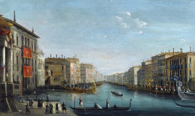 View of the Grand Canal from the Palazzo Balbi looking toward the Rialto Bridge with a Regatta by Giuseppe Bernardino Bison