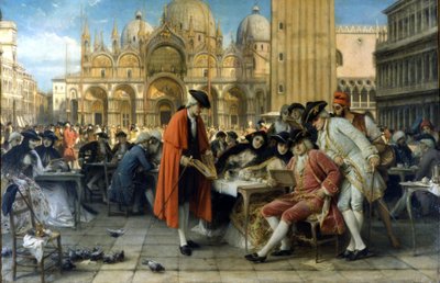 The painter Francesco Guardi sells his paintings in front of the Florian café. 1892. Painting by Giuseppe Bertini. Galleria d