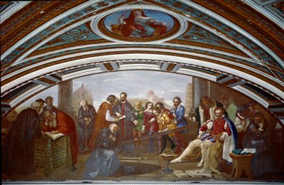 Galileo Galilei demonstrates the law of gravity with an inclined plane during a public lecture in Pisa by Giuseppe Bezzuoli