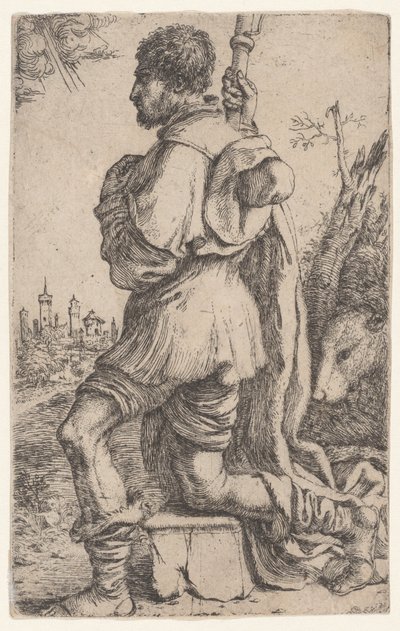 Saint Roch, Kneeling on a Stone, Seen from the Side with His Dog Behind Him, 1620-30 by Giuseppe Caletti