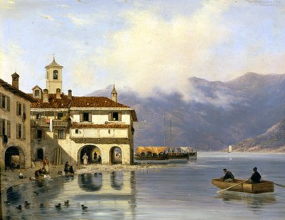 Como. Shore and port of Menaggio (1850). Painting by Canella. Menaggio (Como) by Giuseppe Canella