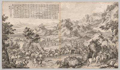 Attacking the Camp at Gatan Ola: from Battle Scenes of the Quelling of Rebellions in the Western Region, with Imperial Poems by Giuseppe Castiglione