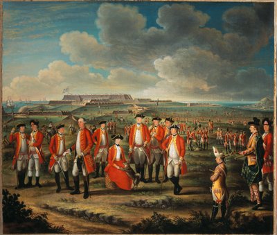 Lady Louisa Lennox with her husband’s Regiment, 25th Regiment of Foot, with Lord George Lennox beside her, and Fort St Philip, Port Mahon, in the background, c.1771 by Giuseppe Chiesa