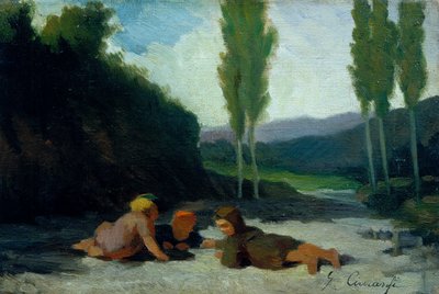 Children playing on a riverbank by Giuseppe Ciaranfi