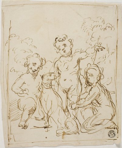 Three Putti and Dog in a Landscape by Giuseppe Diamantini