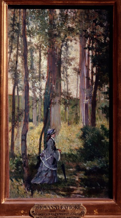 Elegant woman walking in the woods by Giuseppe Fattori