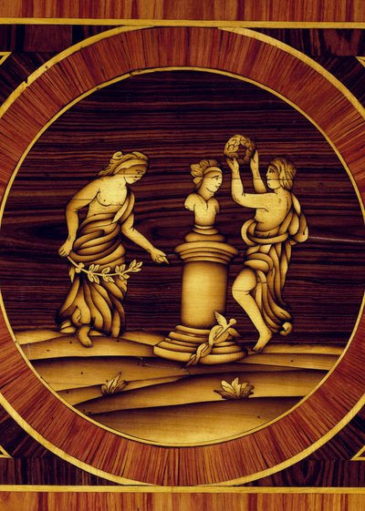 Propitiatory ritual at herm of Mercury, detail from chest of drawers in walnut, maple, boxwood, olive, rose and rosewood, by Giuseppe Maggiolini, Italy by Giuseppe Maggiolini