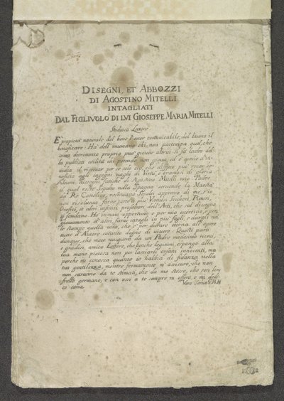 Title Page with Foreword and Dedication (Ornaments series) (Disegni, et Abbozzi di Agostino Mitelli Intagliati Dal Figluolo di Lui Gioseppe Maria Mitelli) by Giuseppe Maria Mitelli