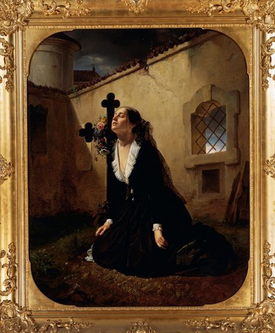 Lamenting Loss of Loved One or Wife of Colonel Manara at Grave of Her Husband by Giuseppe Molteni