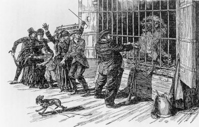 Tartarin and the lion cage, illustration for Tartarin on the Alps by Alphonse Daudet by Giuseppe Porcheddu