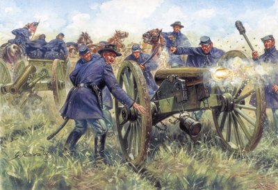 American Civil War: Soldiers of the North (Union) using a gun during a battle - Illustration by Giuseppe Rava by Giuseppe Rava