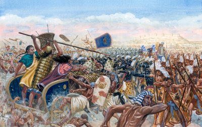 Egyptian Antiquity: the charge of the Hittite tanks of Mupatalli against the Egyptian army of Ramses II during the Battle of Qadesh in 1274 BC by Giuseppe Rava