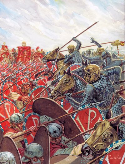 Roman Antiquite: Battle of the Milvius Bridge on 28/10/312 between Constantine and Maxence near Rome, Italy - Battle of the Milvian Bridge between the Roman Emperors Constantine I and Maxentius on 28 October 312 near Rome - Illustration by Giuseppe Rava by Giuseppe Rava