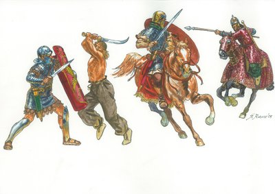 Roman legionary fighting a Dacian warrior and Roman horseman against a Sarmatian Cataphract by Giuseppe Rava