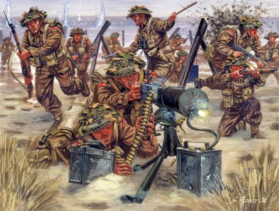 Second World War: Debarking in Normandy in June 1944, English soldiers (Illustration) by Giuseppe Rava