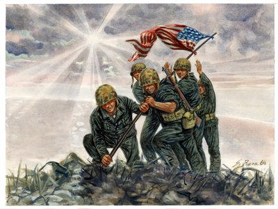 Second World War, Pacific War: Battle of Iwo Jima, US Marines victory in February 1945 (Illustration) by Giuseppe Rava