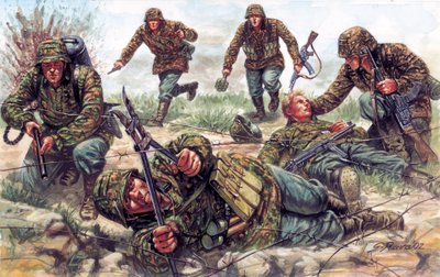 Second World War: soldiers of the Sturmtruppen, an elite unit of the German Imperial Army, one of them cuts barbed wire by Giuseppe Rava