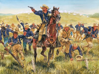 Spanish-American War or Cuban Independence War (1868-1898): portrait of American soldier and politician Theodore Roosevelt charging with the Rough Riders in Cuba by Giuseppe Rava