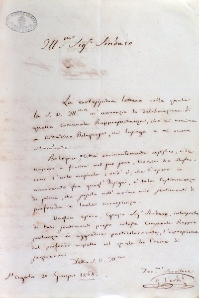 Handwritten letter of Giuseppe Verdi to Bologna mayor when he became honorary citizen, June 20 by Giuseppe Verdi