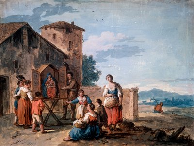 A group of peasants before the tabernacle with the Standing Madonna statue by Giuseppe Zais