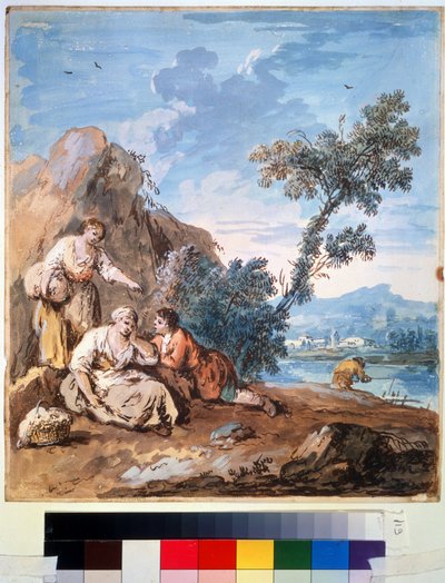 Three Peasants Resting on a River Bank by Giuseppe Zais