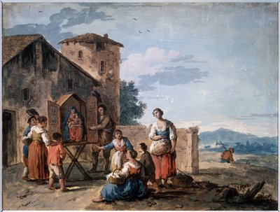 A Group of Peasants Before the Tabernacle with the Standing Madonna Statue by Giuseppe Zais