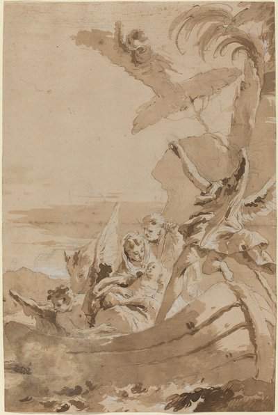 The Flight into Egypt with the Holy Family and Two Angels in a Skiff by Giustino Menescardi
