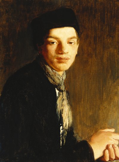 A Youth, half length, wearing a Black Hat and a Neckscarf by Glyn Warren Philpot
