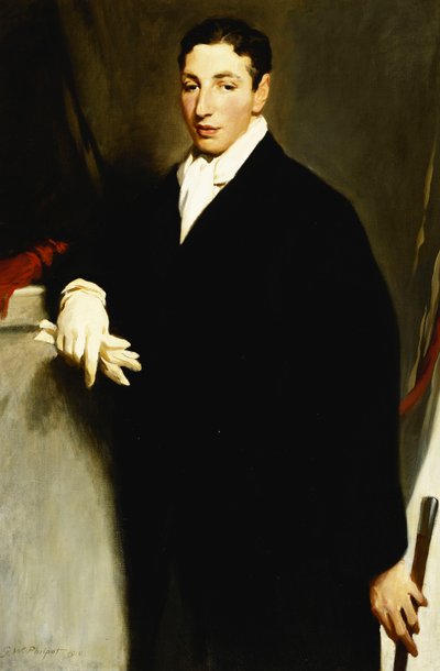 Portrait of Dennis Cohen, three-quarter length, Wearing a Black Coat and a White Glove and Holding a Cane by Glyn Warren Philpot