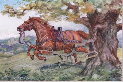 Unshriven: Empty Saddle on His Back, from Poems of Adam Lindsay Gordon published by T. N. Foulis, 1912 by Godfrey Douglas Giles
