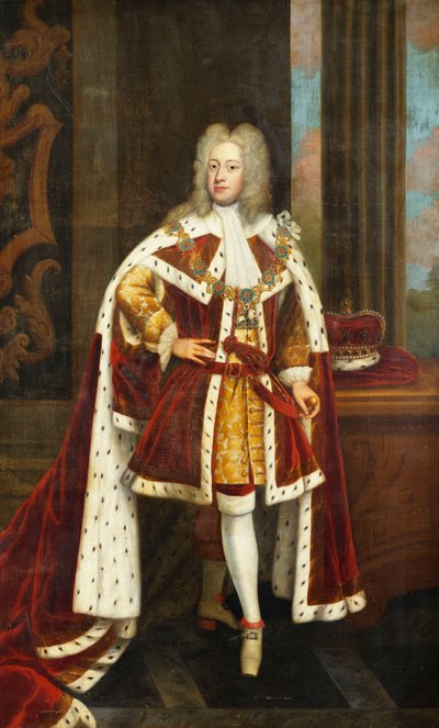 Portrait of King George II When Prince of Wales, Full Length, Wearing State Robes and the Collar of the Order of the Garter, Holding His Sword in His Left Hand, and His Coronet on a Table Beside Him, in an Interior by Godfrey Kneller