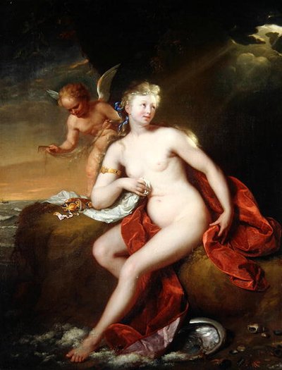 Newly Born Venus Cared for by Cupid by Godfried Schalcken