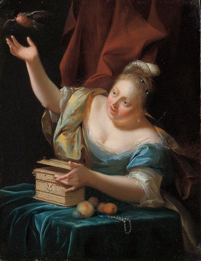 A Woman, Seated by a Table in Fancy Costume, Freeing a Songbird from Its Cage by Godfried Schalcken