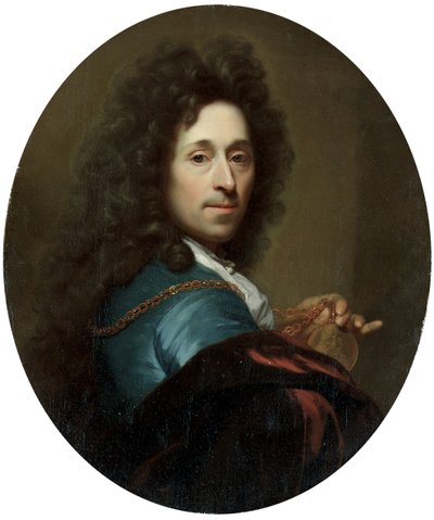 Portrait of the Artist in a Blue Coat and Brown Velvet Cape, with a Medallion of the Elector Palatine, Johann Wilhelm by Godfried Schalcken