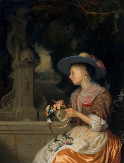 Woman Weaving a Crown of Flowers, c.1675-80 by Godfried Schalcken