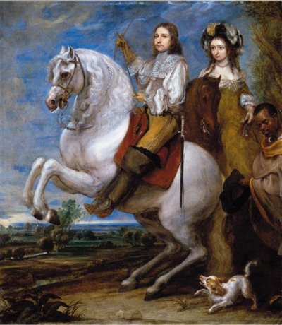 Equestrian Portrait of an Elegant Couple with Their Blackmoor Servant by Gonzales Coques