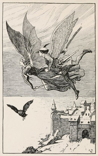 The travelling companion flew behind her, from Fairy Tales from Hans Anderson, pub 1919 by Gordon Frederick Browne