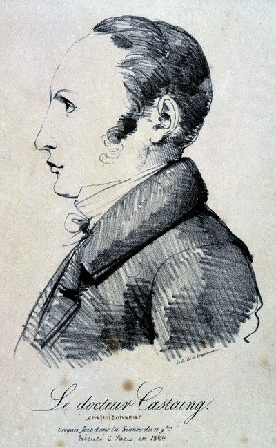 Portrait of Dr. Castaing, poisoner. He used morphine salt, hydrochloride to kill his friend Hippolyte Ballet in 1823. It was executed in Paris in 1824. Lithograph by Engelmann from a sketch made in the November 11 session by Gottfried or Godefroy Engelmann
