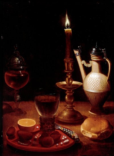 Still Life with Candle, Glass of Wine and Orange by Gotthardt von Wedig