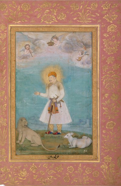 Akbar With Lion and Calf, Folio from the Shah Jahan Album, verso: ca. 1630, recto: ca. 1530-50 by Govardhan