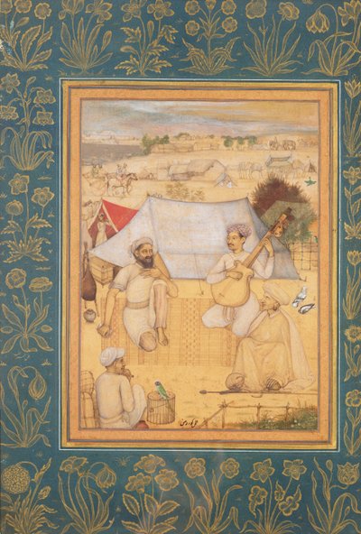 Musicians and Singers Kneel at the Outskirts of a Mughal Camp. A Yogi and a Servant Listen to Them, from the Minto Album, c.1630 by Govardhan