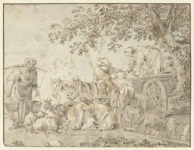 Farmers and Cattle by a Farm Wagon by Govert Dircksz. Camphuysen (possibly)