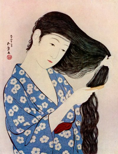A Japanese Woman Combing Her Hair by Goyo Hashiguchi