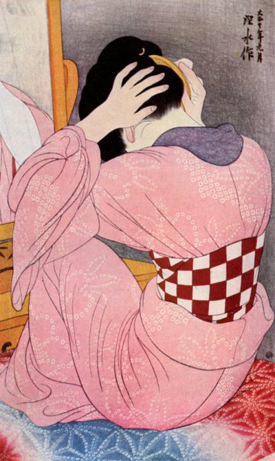 A Japanese Woman Dressing Her Hair by Goyo Hashiguchi